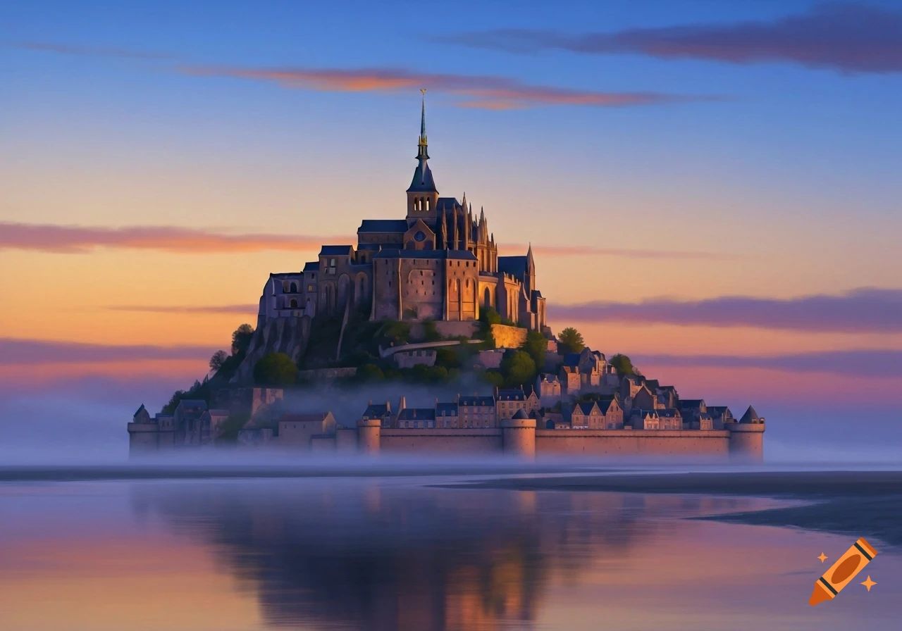 Majestic Mont Saint-Michel-like monastery on a misty island reflected in water at sunrise/sunset.