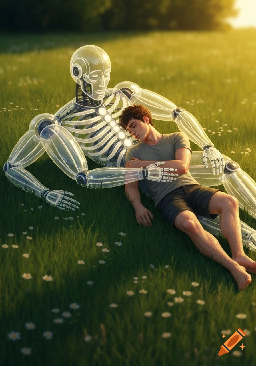 Robot Rested Human A sleeping young man lies on a transparent skeletal robot in a sunlit ...