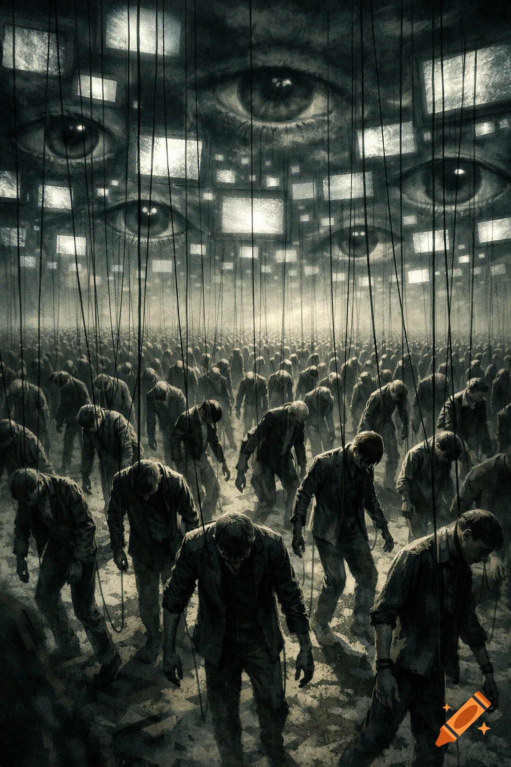 Dark, gritty illustration of puppet-like figures marching, controlled by strings, under a sky filled with observing eyes and screens.