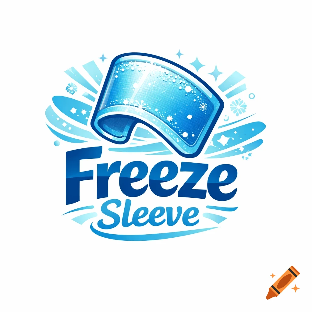 A blue logo for 'Freeze Sleeve' featuring a stylized icy sleeve shape, water splashes, snowflakes, and sparkle elements.