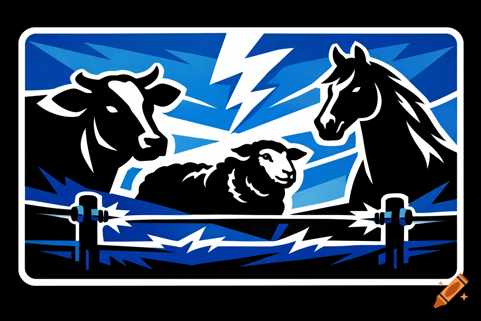 Stylized graphic of a cow, sheep, and horse behind an electric fence with lightning bolts in a blue and black design.