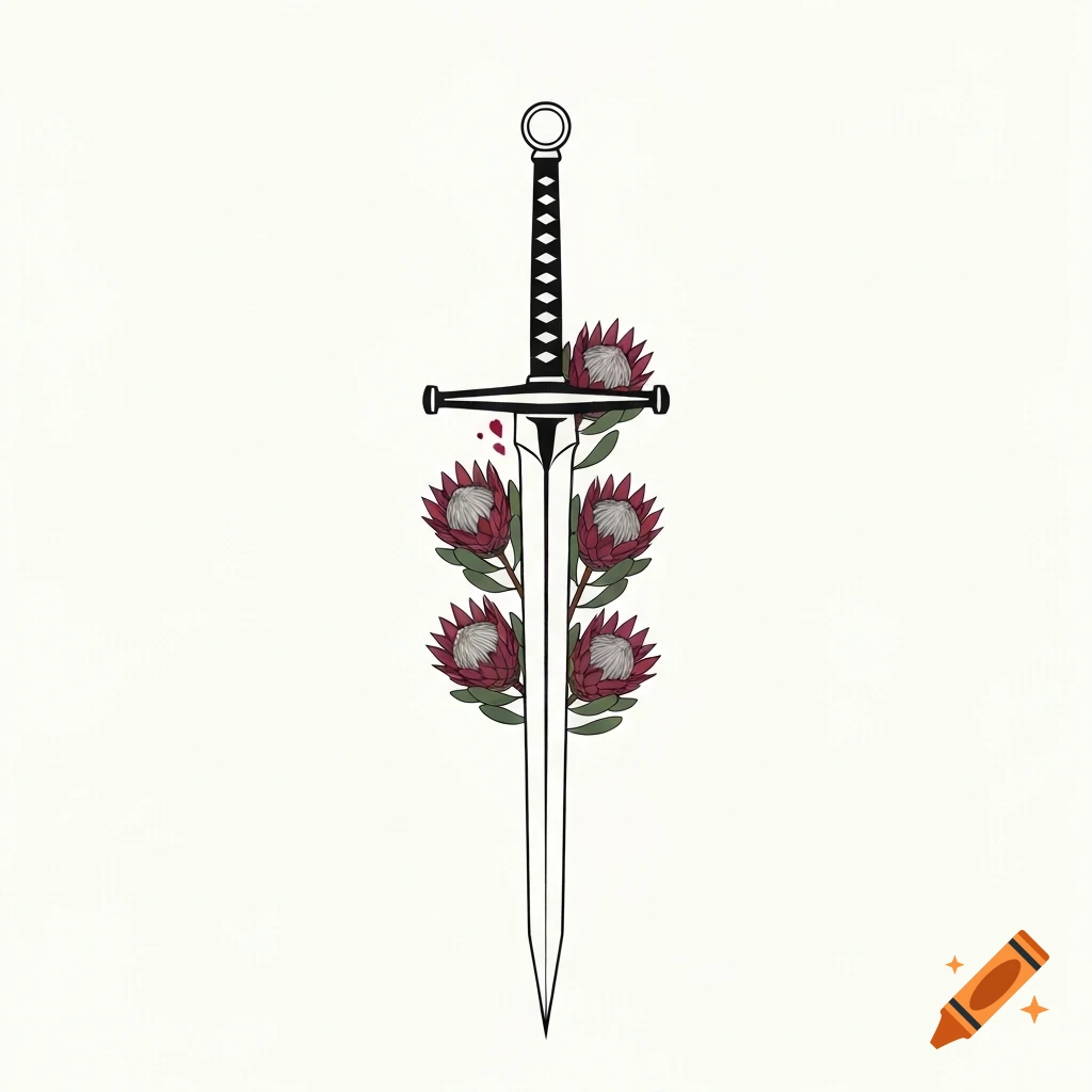 A stylized illustration of a black sword with four red protea flowers wrapped around its blade, on a white background.