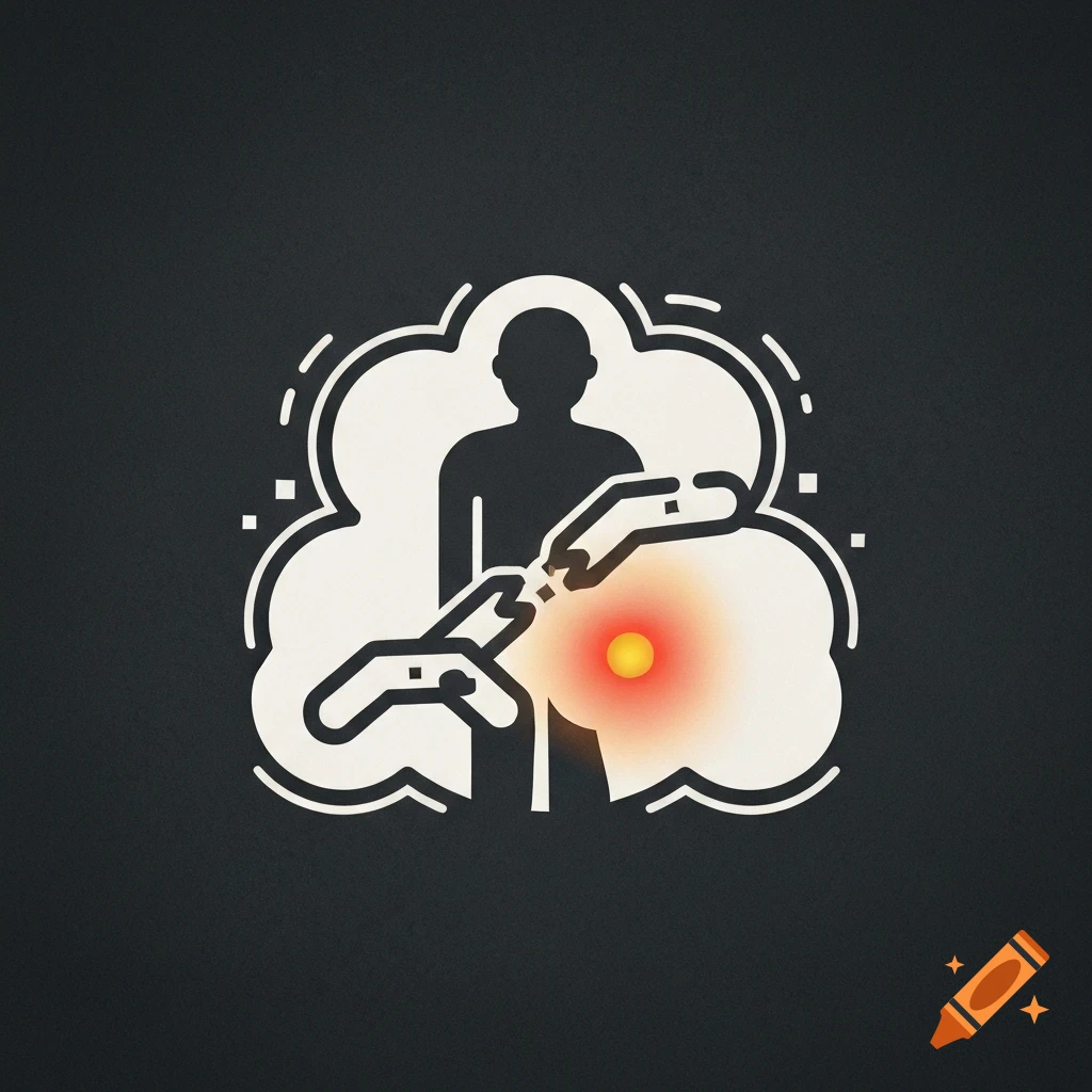 Pictogram of a silhouetted person with a broken chain around their waist and a red glowing spot, within a thought bubble on a dark background.