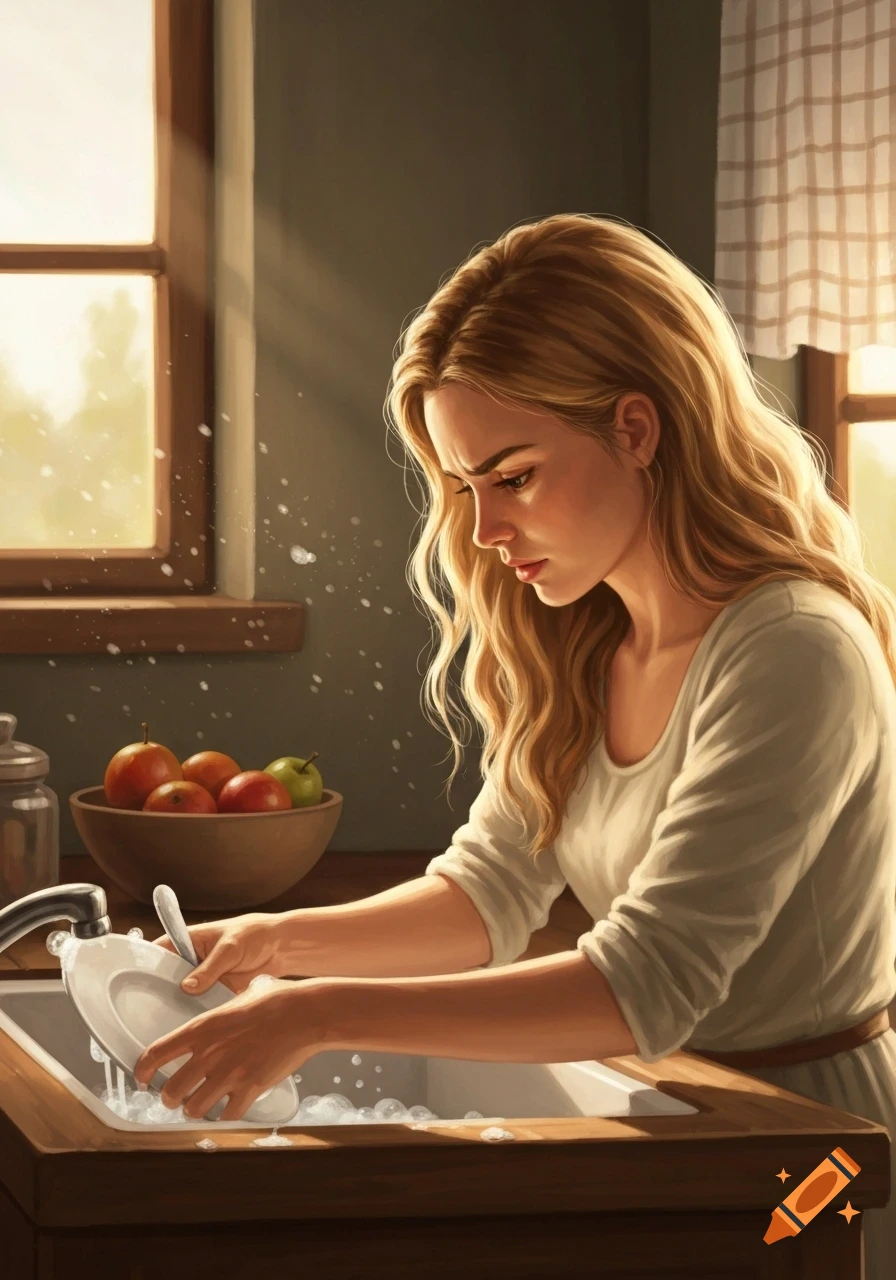 Illustrative image of a blond woman washing dishes in a sunlit kitchen.