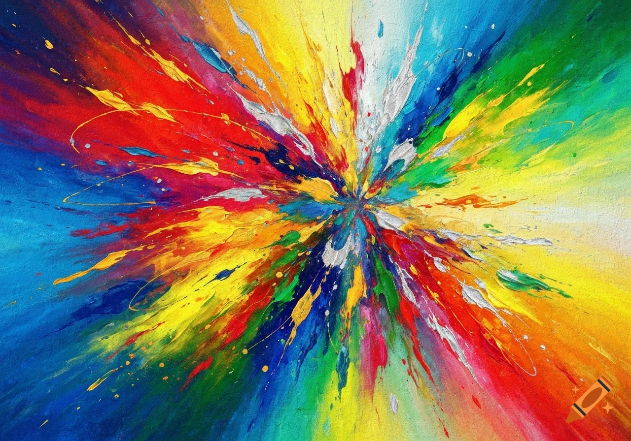 Vibrant abstract painting with a central explosion of red, yellow, blue, green, and white paint splatters on a textured canvas.