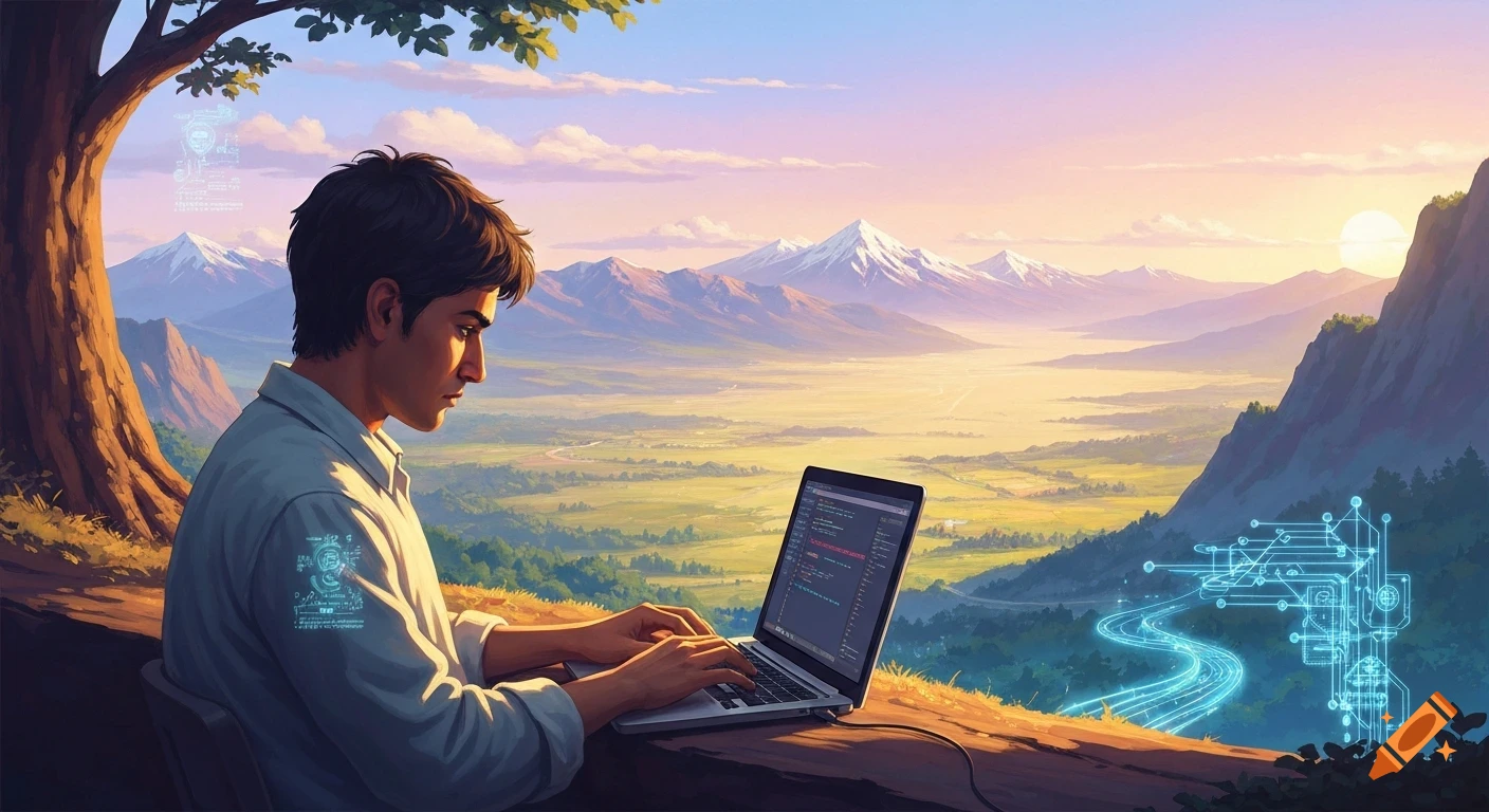 A man programs on a laptop overlooking a vast valley with snow-capped mountains at sunset, in a Studio Ghibli inspired art style.
