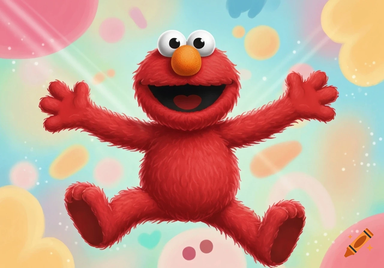 Elmo jumps with arms wide open, smiling happily on a vibrant, colorful background with soft shapes.