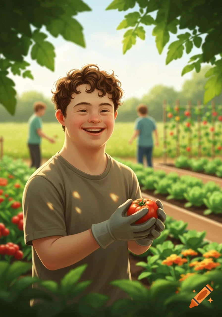 A smiling young person with curly hair and Down syndrome holds a ripe red tomato while gardening in a sunny field.