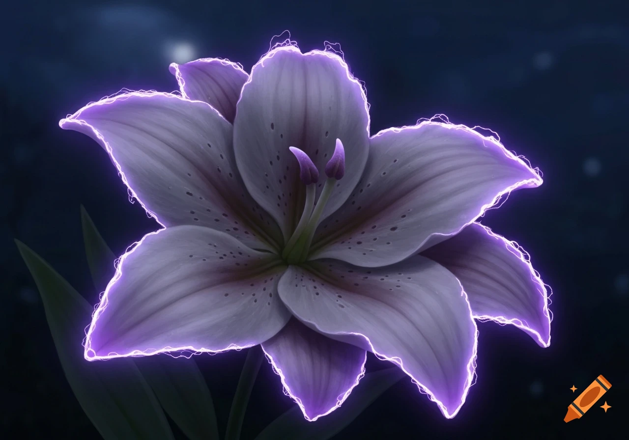 A detailed digital art image of a purple lily-like flower with bright electric purple glowing edges against a dark background.