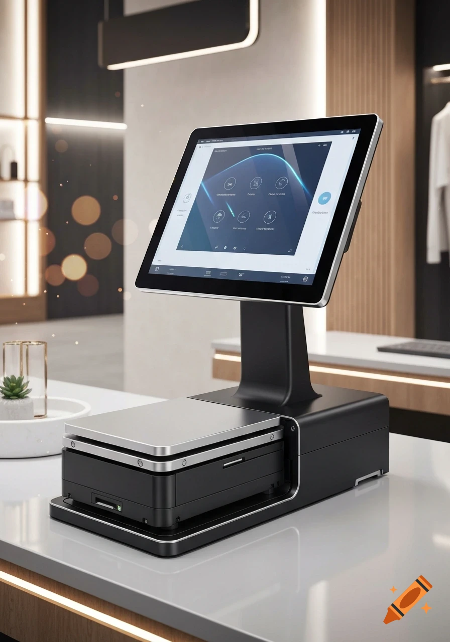A sleek, modern black and silver all-in-one cash register with a large touch screen displaying a user interface, sitting on a white counter in a store setting.