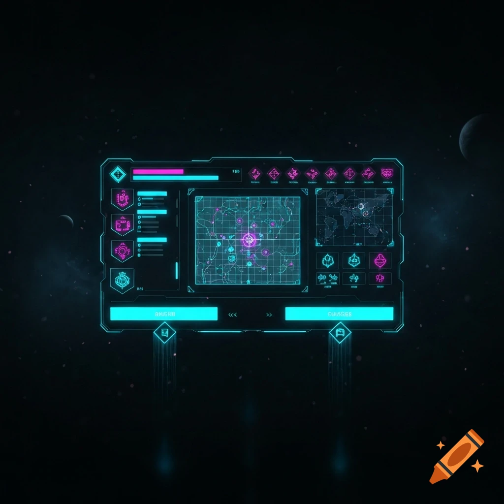 A neon blue and pink futuristic game user interface with maps and icons, set against a dark starry space background with planets.