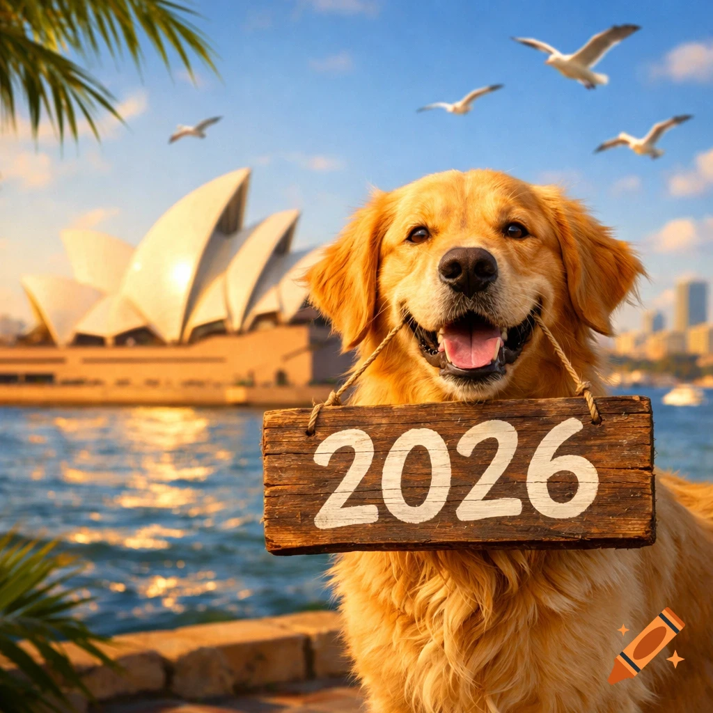 A happy golden retriever holds a '2026' sign in its mouth, with the Sydney Opera House and seagulls in the background.