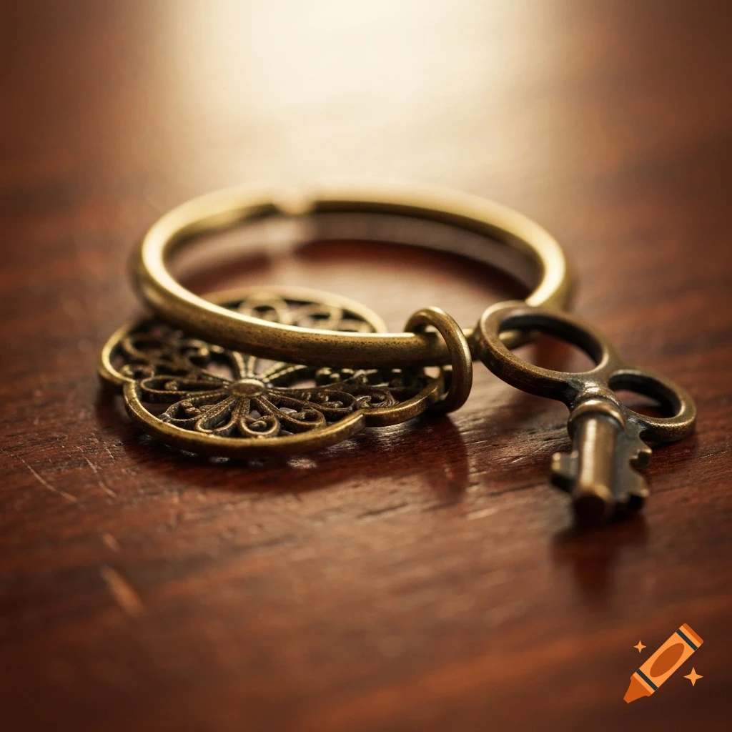 Close-up of an antique brass keyring with a skeleton key and a filigree charm on a wooden surface.