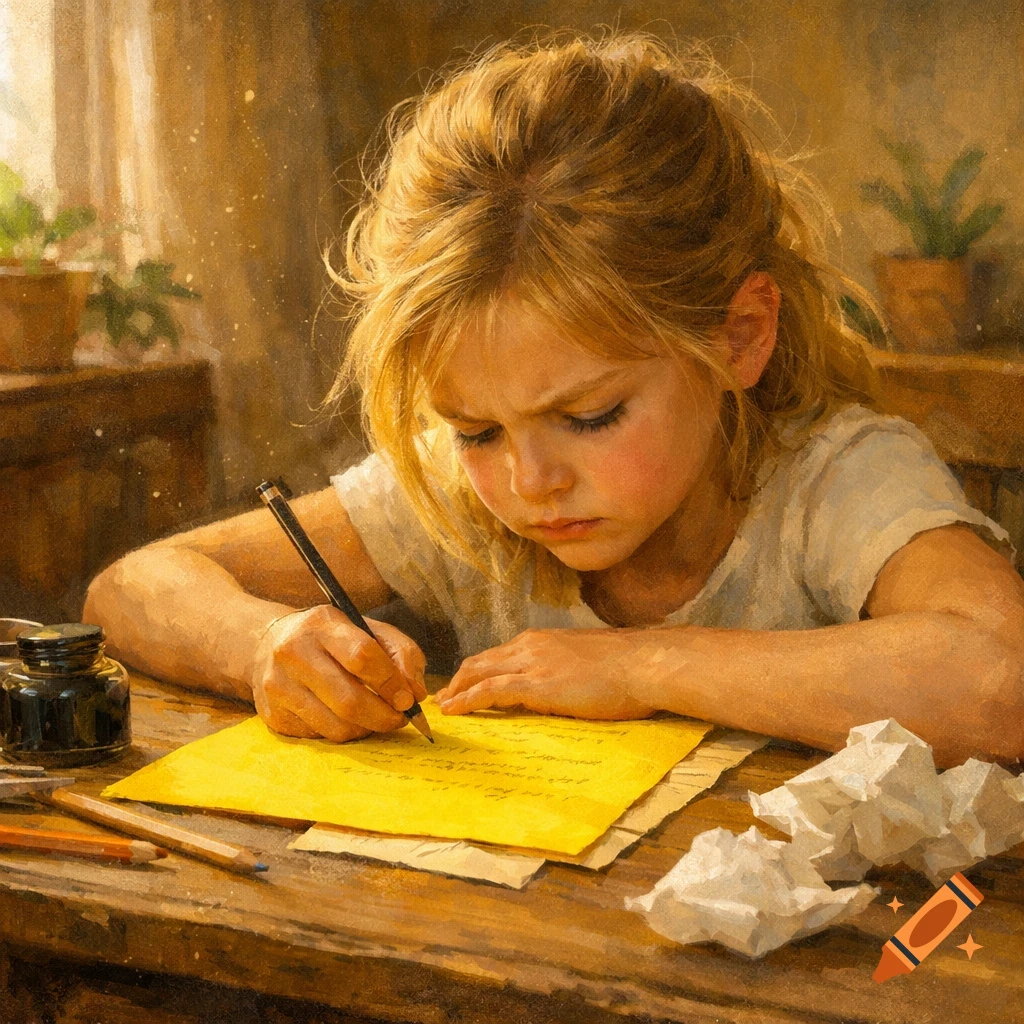 A blonde girl with a serious expression intently writes on a yellow paper with a pen at a wooden desk, in a painterly style.
