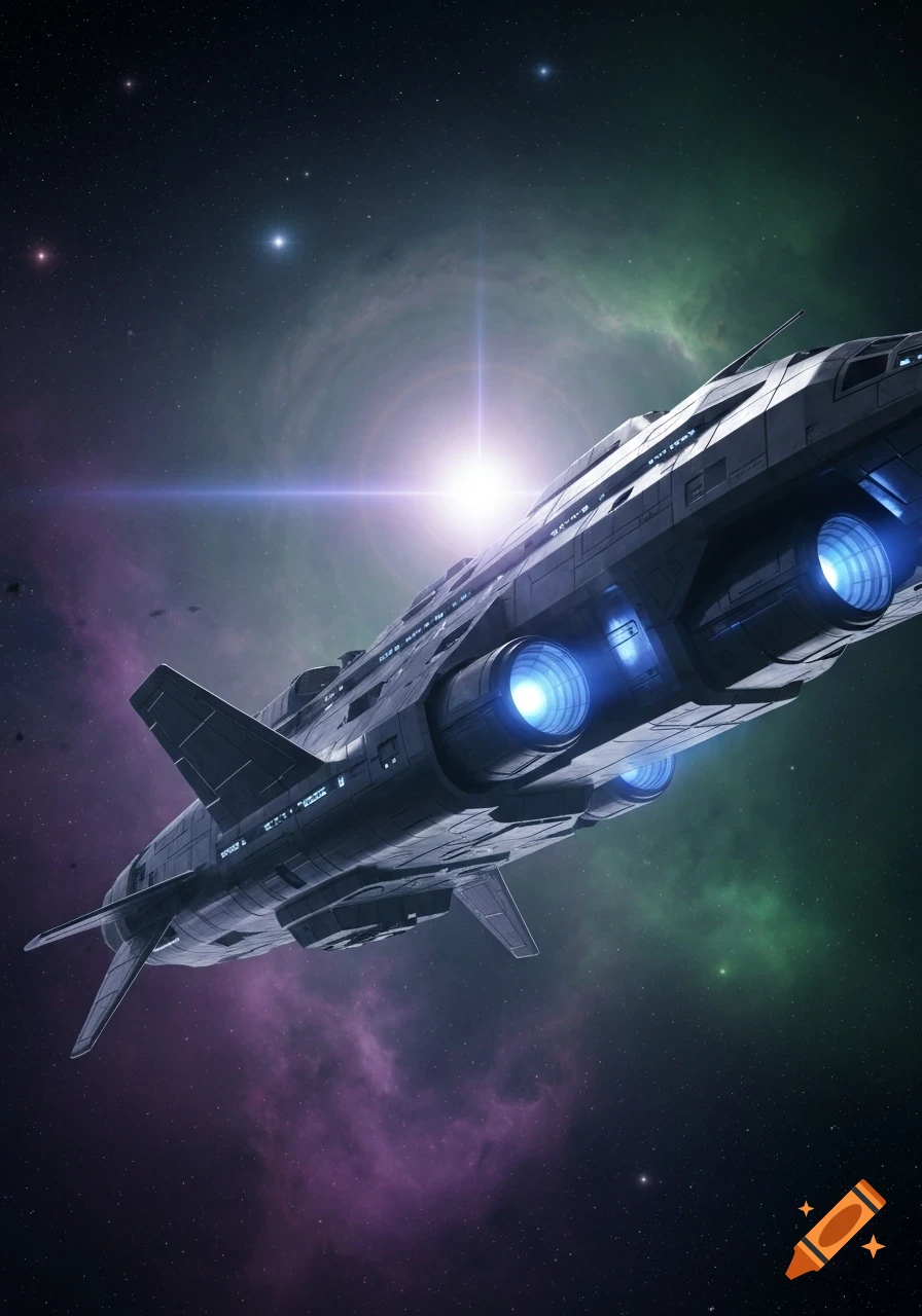 A detailed futuristic spacecraft with glowing blue engines flies through a vibrant cosmic nebula and starfield.