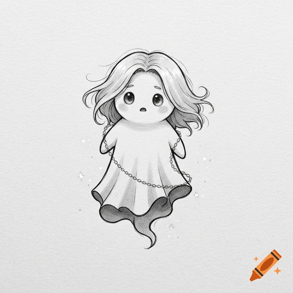 Black and white sketch of a cute ghost with wavy hair and a chain, floating with sparkly accents.