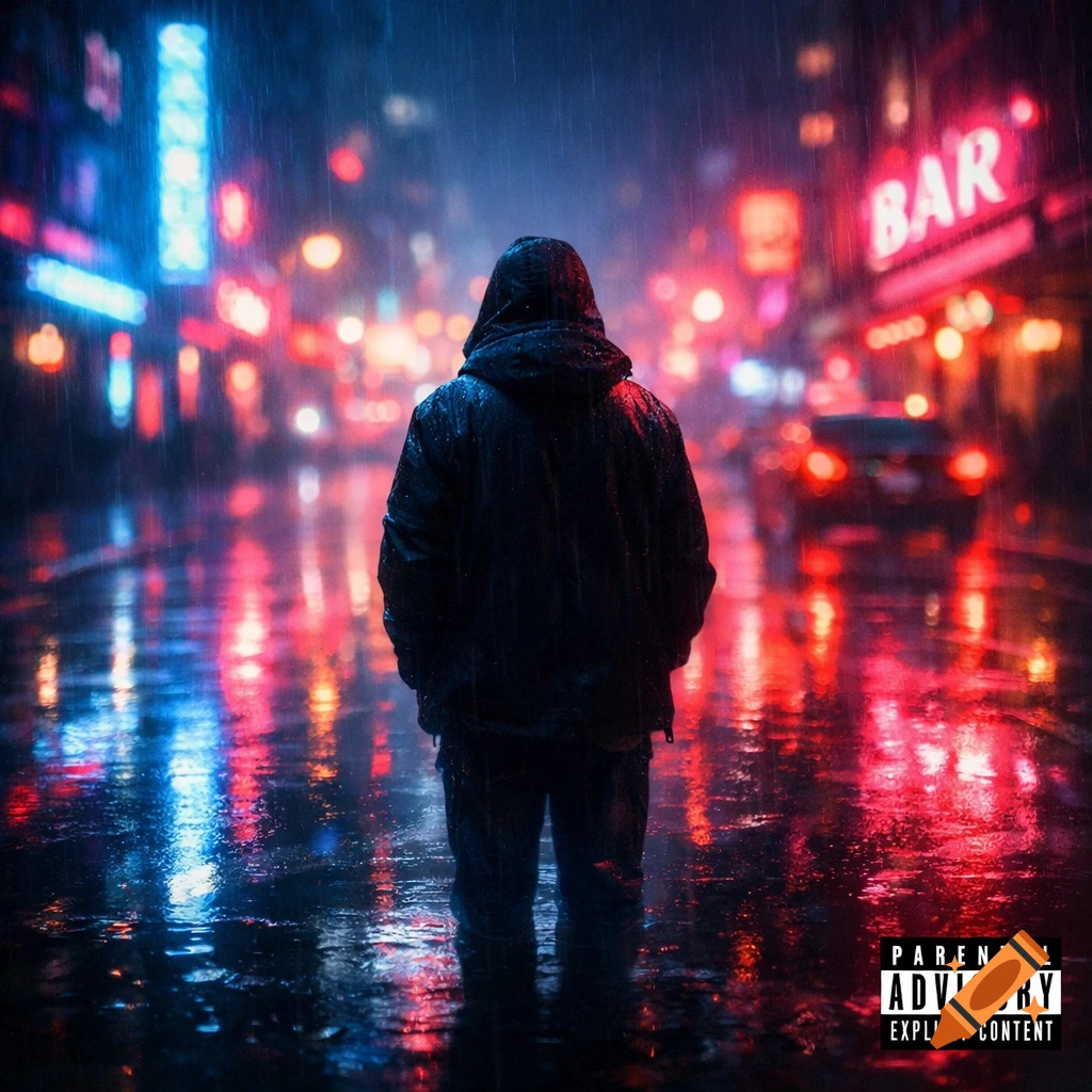 A person in a black hooded jacket stands on a wet, neon-lit city street at night, seen from behind, with rain falling and reflections on the ground. A "PARENTAL ADVISORY" label is in the corner.