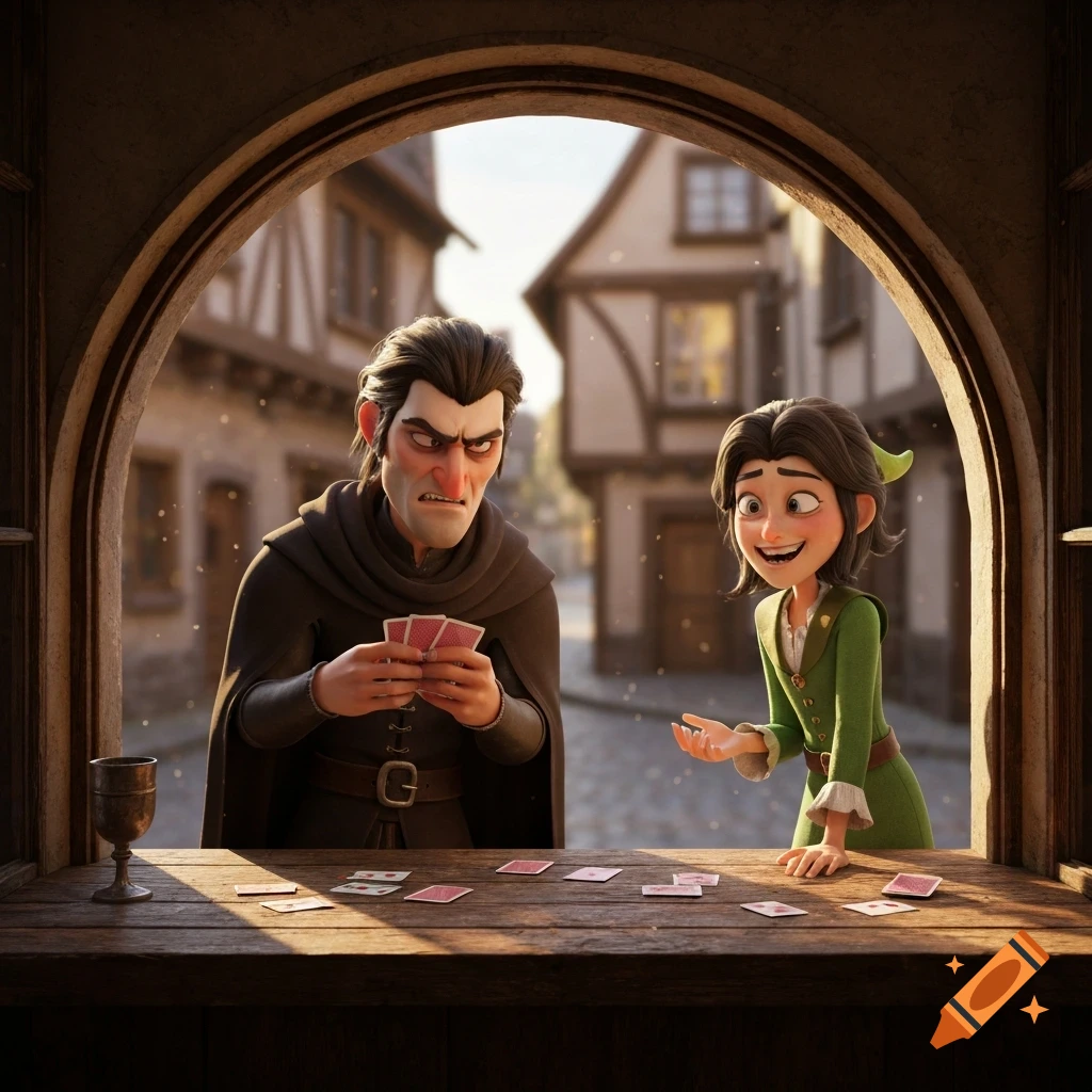 A 3D animated man with a grumpy expression holds playing cards across a wooden table from a cheerful woman, seen through a medieval window.