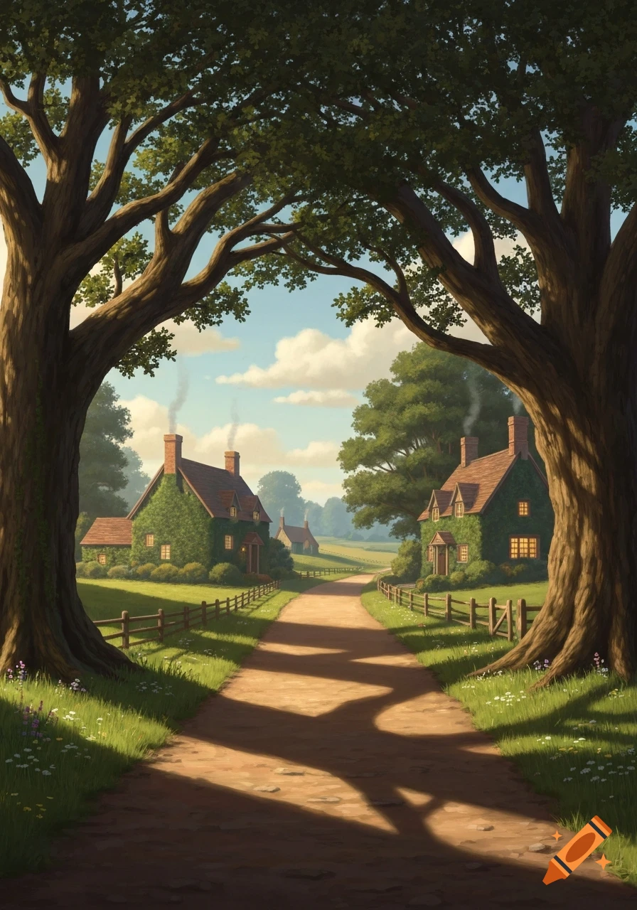 A charming country lane framed by two large trees, leading past ivy-covered cottages under a bright blue sky, with shadows across the path.