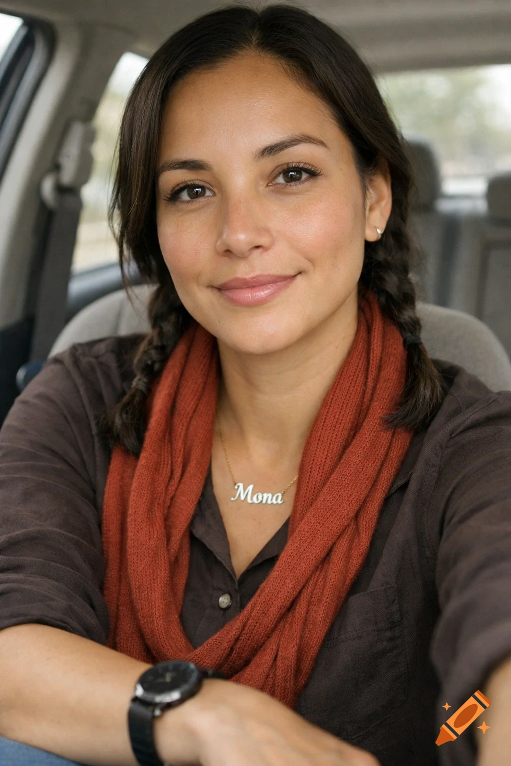 Smiling woman with dark braids, an orange scarf, and a "Mona" necklace, sitting in a car.