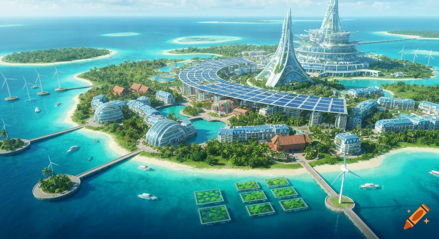 An aerial view of a futuristic city built on a tropical atoll with eco-friendly buildings, solar canopies, and wind turbines.