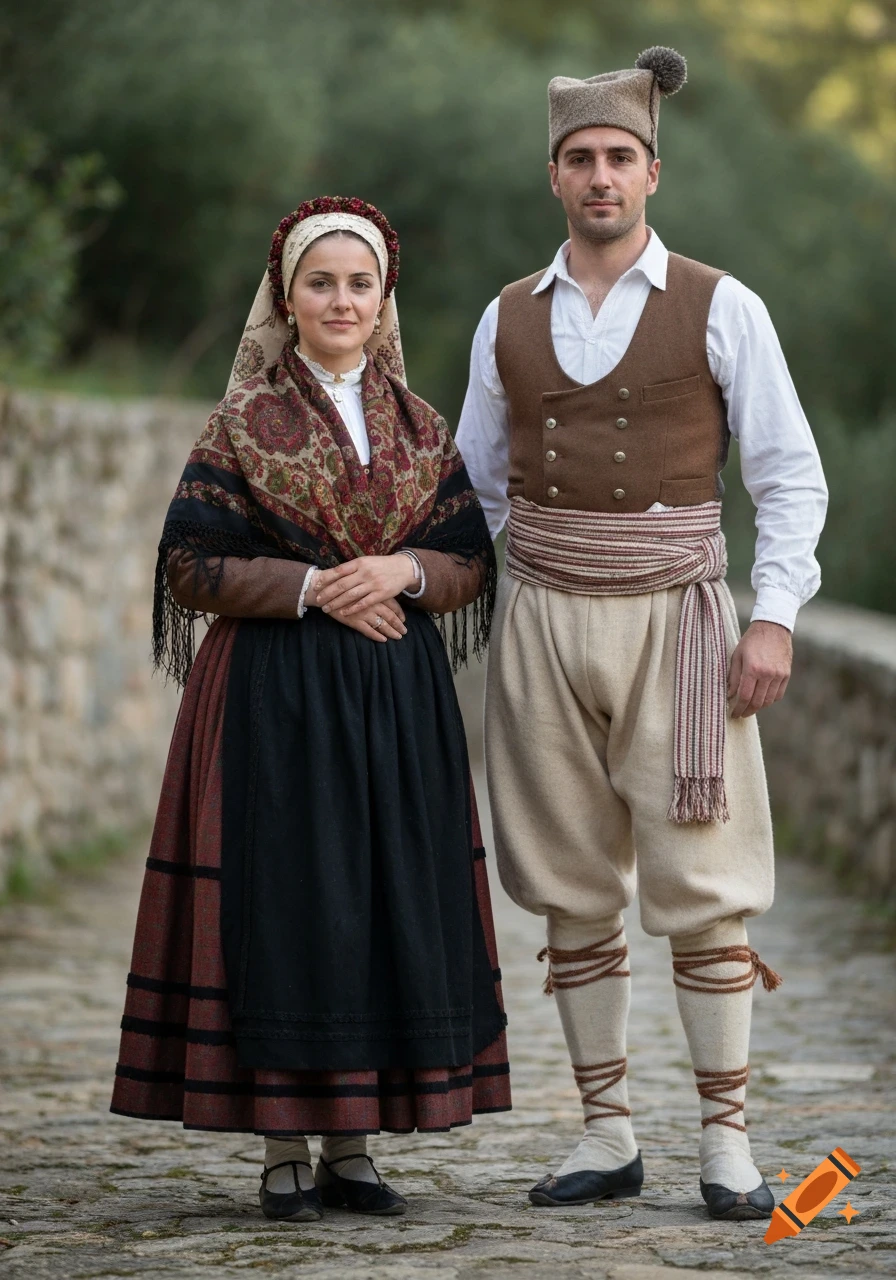 A man and a woman in traditional Sardinian folk clothing stand on a cobblestone path. The woman wears a patterned shawl and head covering, and the man wears a vest and sash.