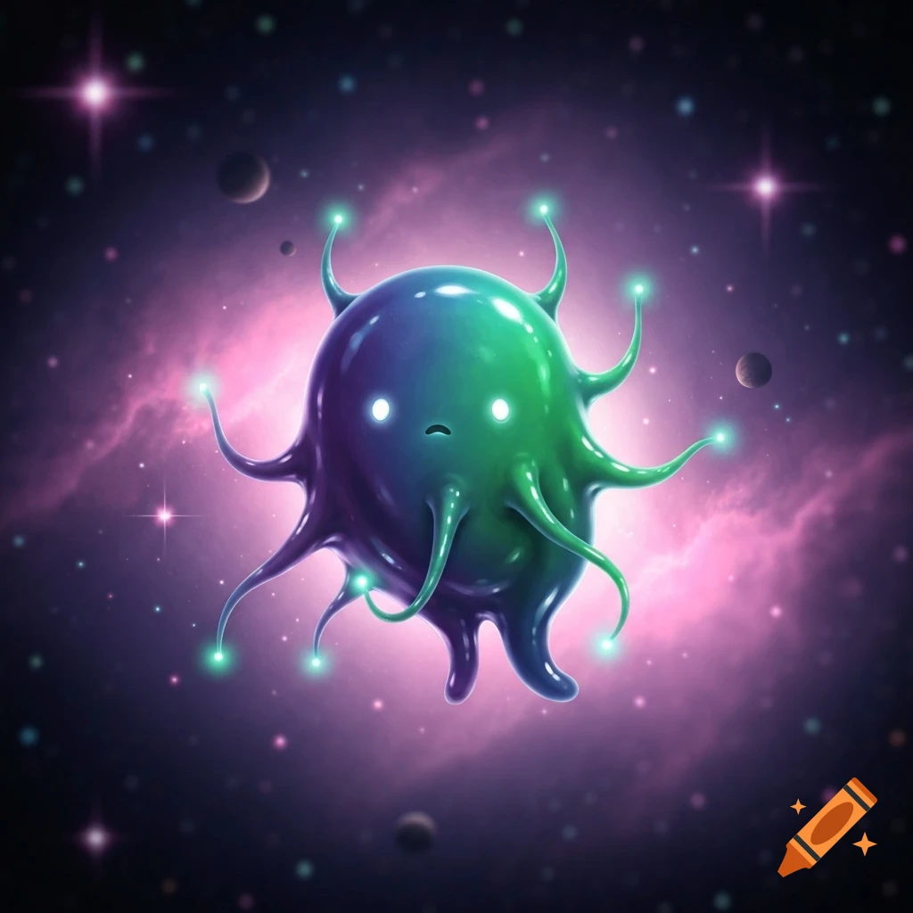 A cute, glowing green and blue alien creature with tentacles and bright eyes floats in a purple nebula with stars and planets.