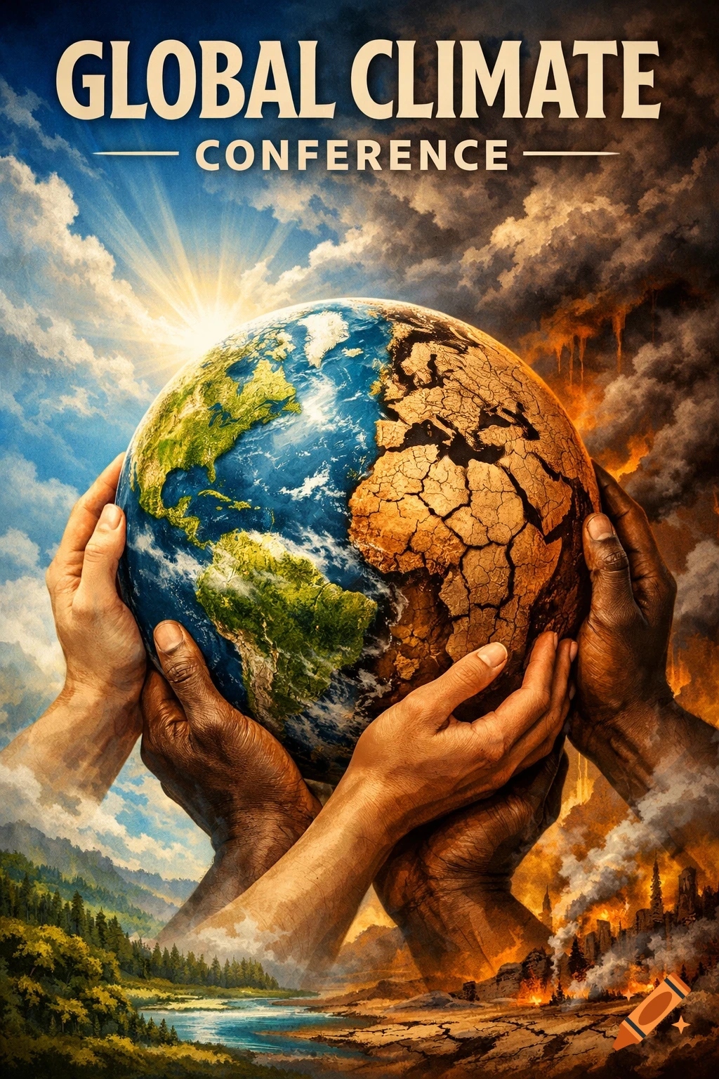 A poster depicts diverse hands holding a half-lush, half-arid Earth, with 'GLOBAL CLIMATE CONFERENCE' text above.