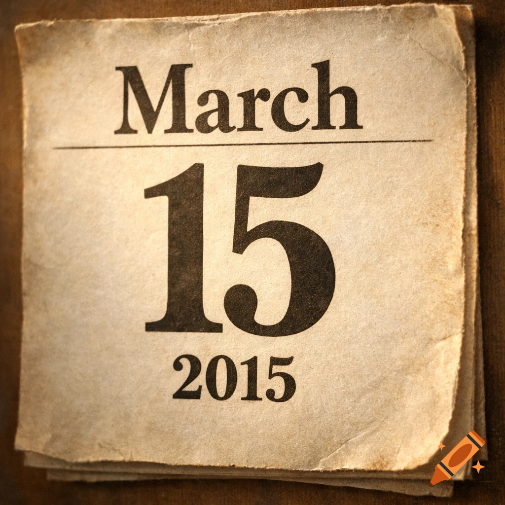 A close-up of an aged, crumpled calendar page displaying 'March 15 2015' in a vintage style.
