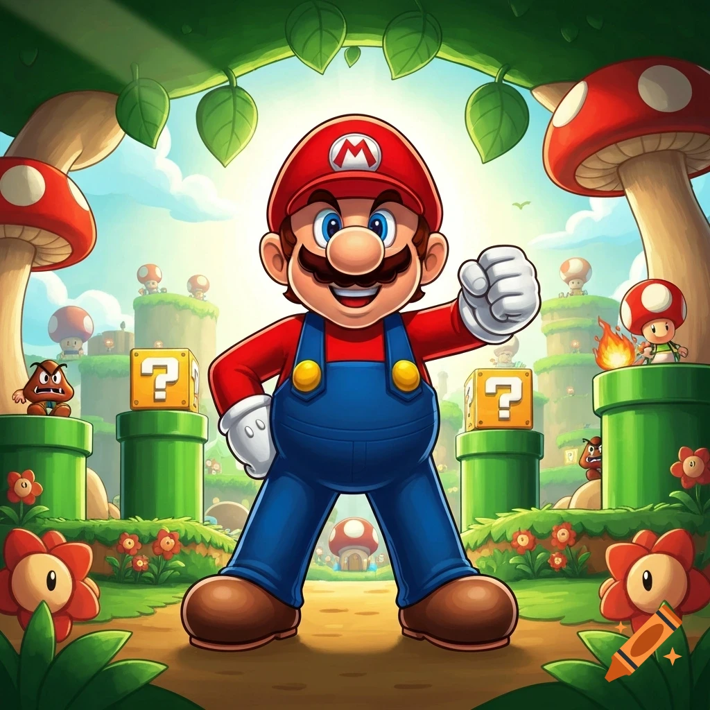 Mario stands confidently in a vibrant cartoon Super Mario Bros. environment with pipes, question blocks, and mushrooms.