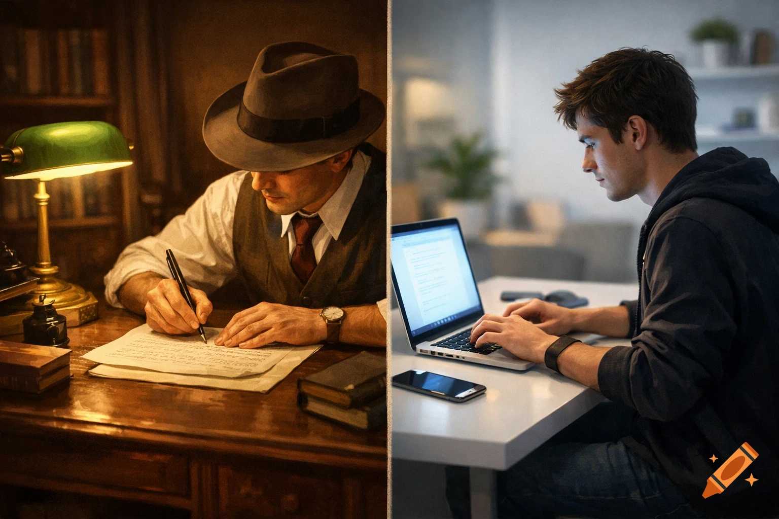 A split image shows a man in a fedora writing at a vintage desk on the left, and a man typing on a laptop at a modern desk on the right.