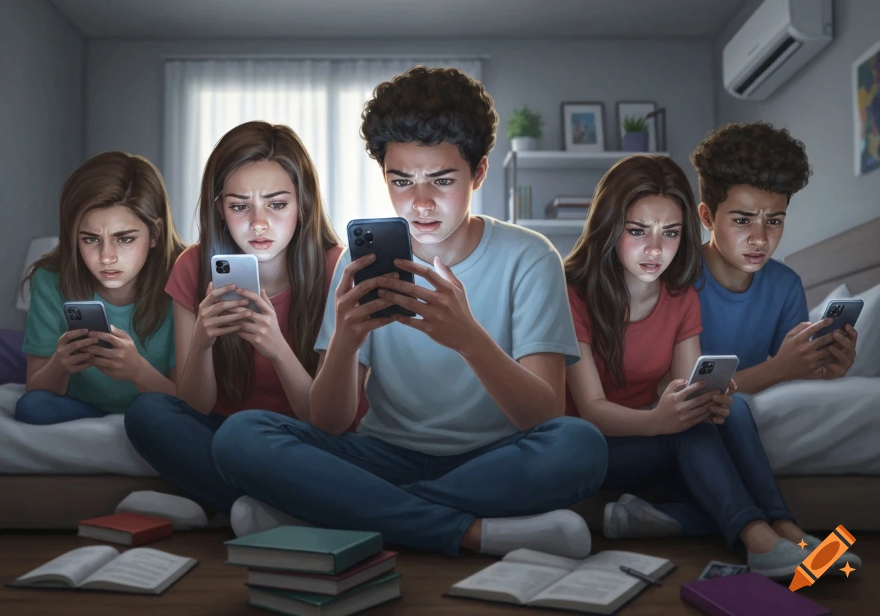 Five teenagers sit together in a dimly lit room, intensely focused on their glowing smartphones, with books scattered on the floor. Digital art.