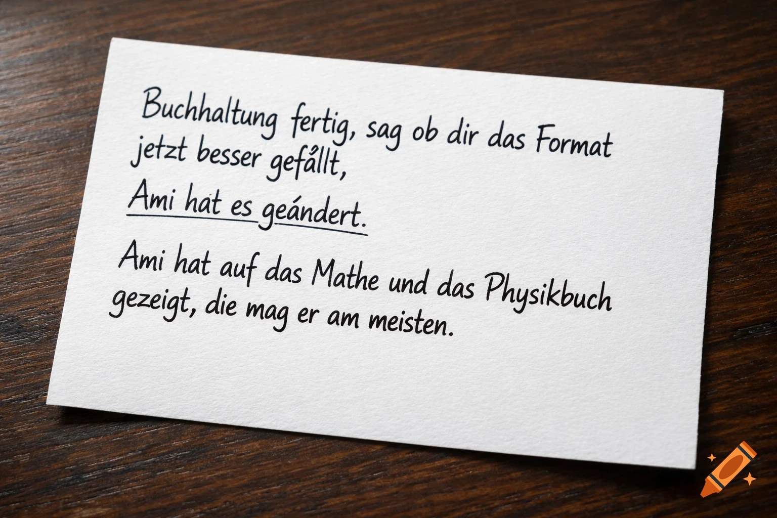 A white note with neat black German handwritten text lies on a dark wooden surface.