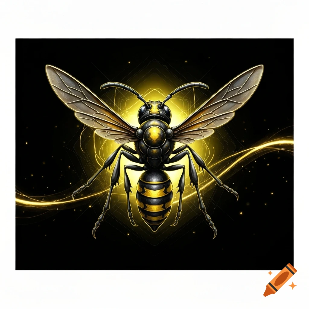 Stylized black and yellow wasp with glowing wings and antennae against a dark background with yellow light trails.
