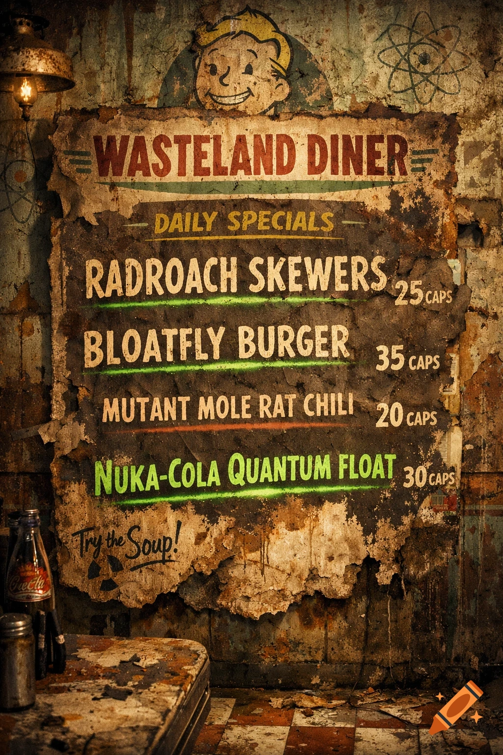 A grungy, post-apocalyptic Fallout-themed diner menu poster with items like Radroach Skewers and Nuka-Cola Quantum Float, featuring the Vault Boy.
