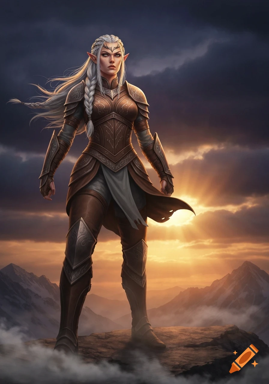 An elf warrior woman with long silver braided hair in brown armor stands on a rocky peak at sunset, mountains in background.