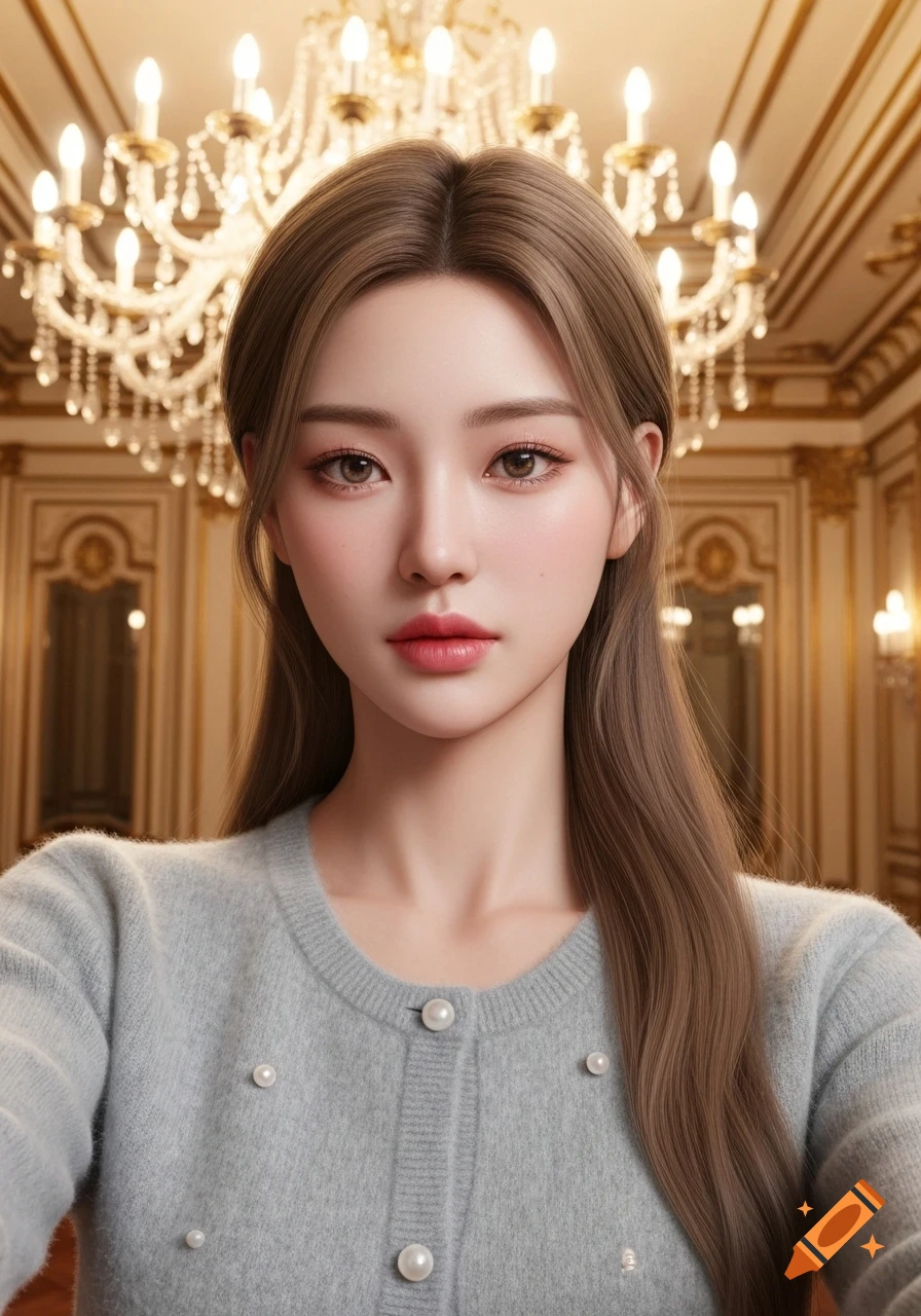 Photorealistic portrait of a young East Asian woman with long brown hair, wearing a gray pearl cardigan, in a luxurious room.