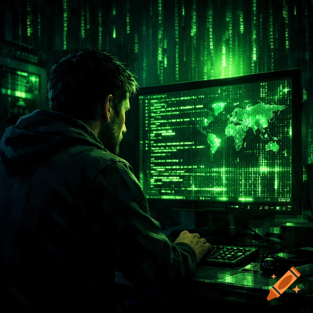 A person viewed from behind works at a computer monitor displaying a green world map and code, with falling green hacker text in the background, in a dark, tech-themed room.
