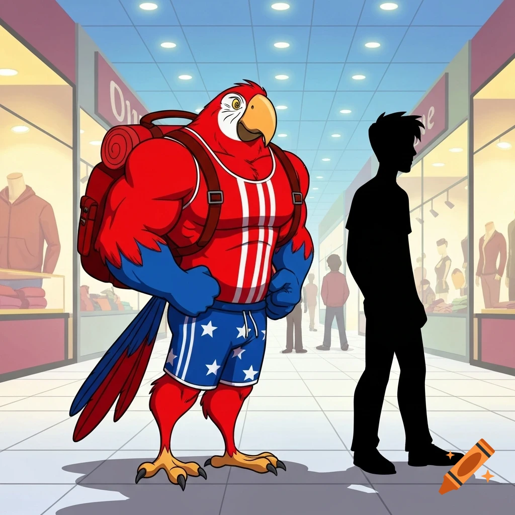 A muscular, anthropomorphic parrot wearing a red, white, and blue tank top and shorts with a backpack, walks through a mall with a boy's silhouette.