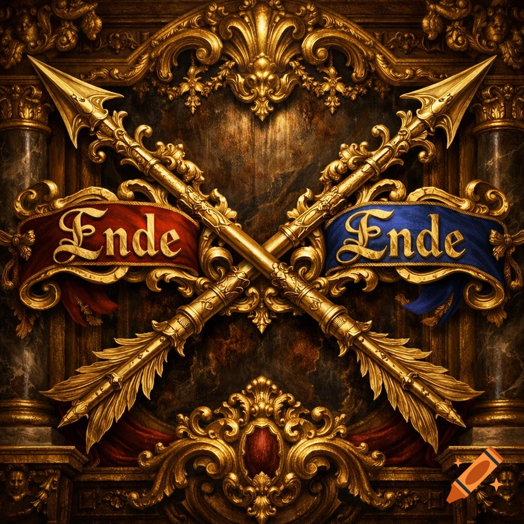 Ornate golden baroque spears crossed, with red and blue banners saying 'Ende' in decorative script on a rich, dark background.