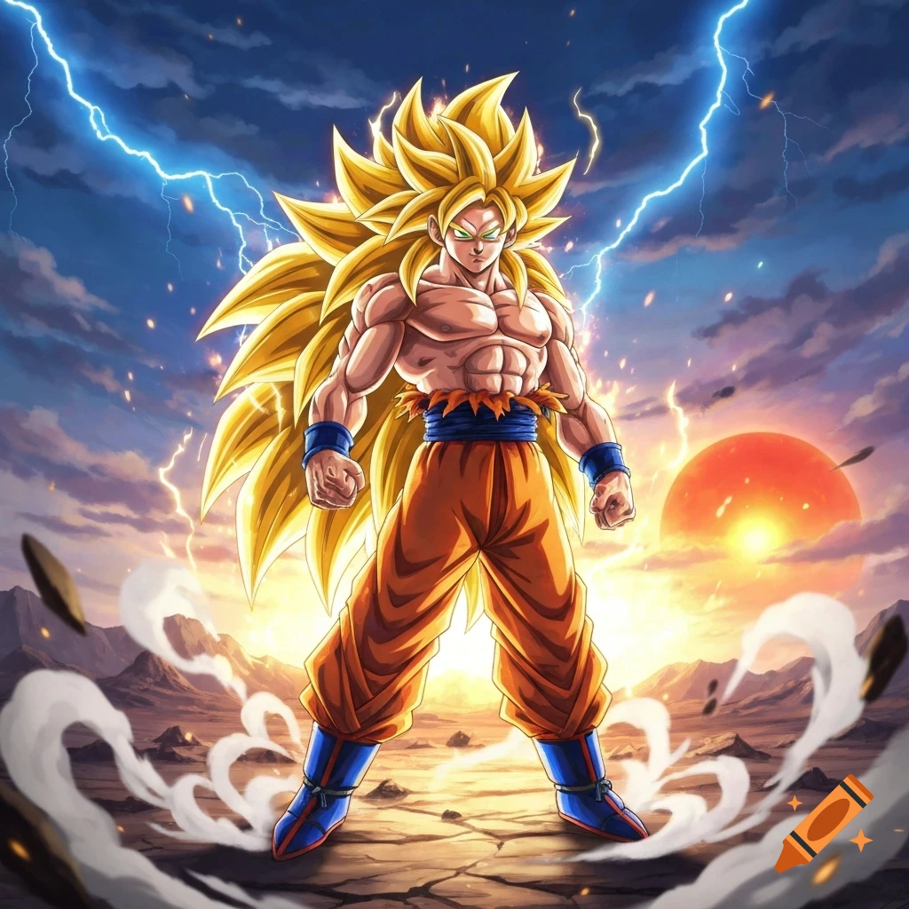 Goku in Super Saiyan 3 form, shirtless with long golden hair, stands heroically amidst lightning and a desert landscape with a setting sun.