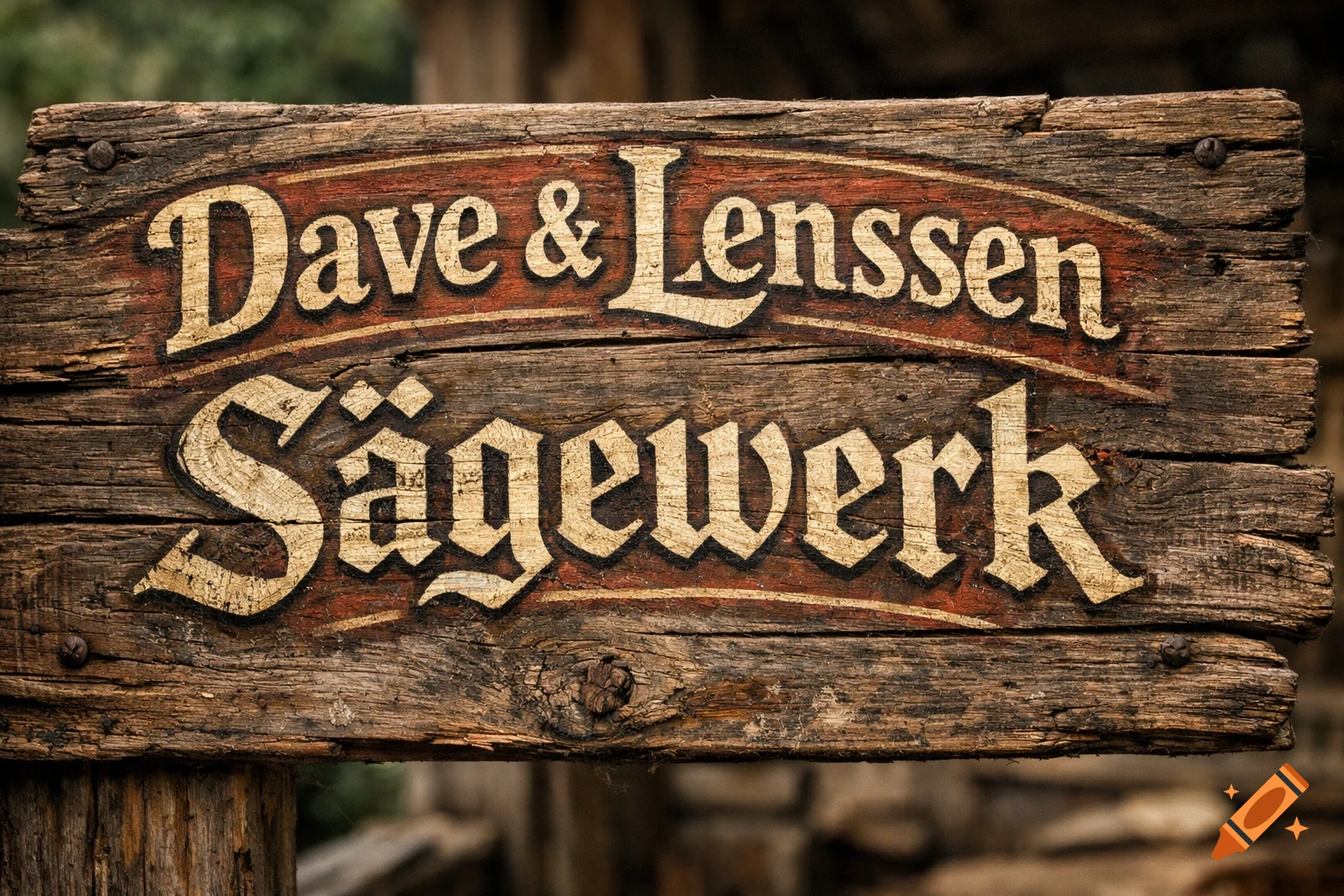 A rustic wooden sign with the text 'Dave & Lenssen S rk' painted on it.