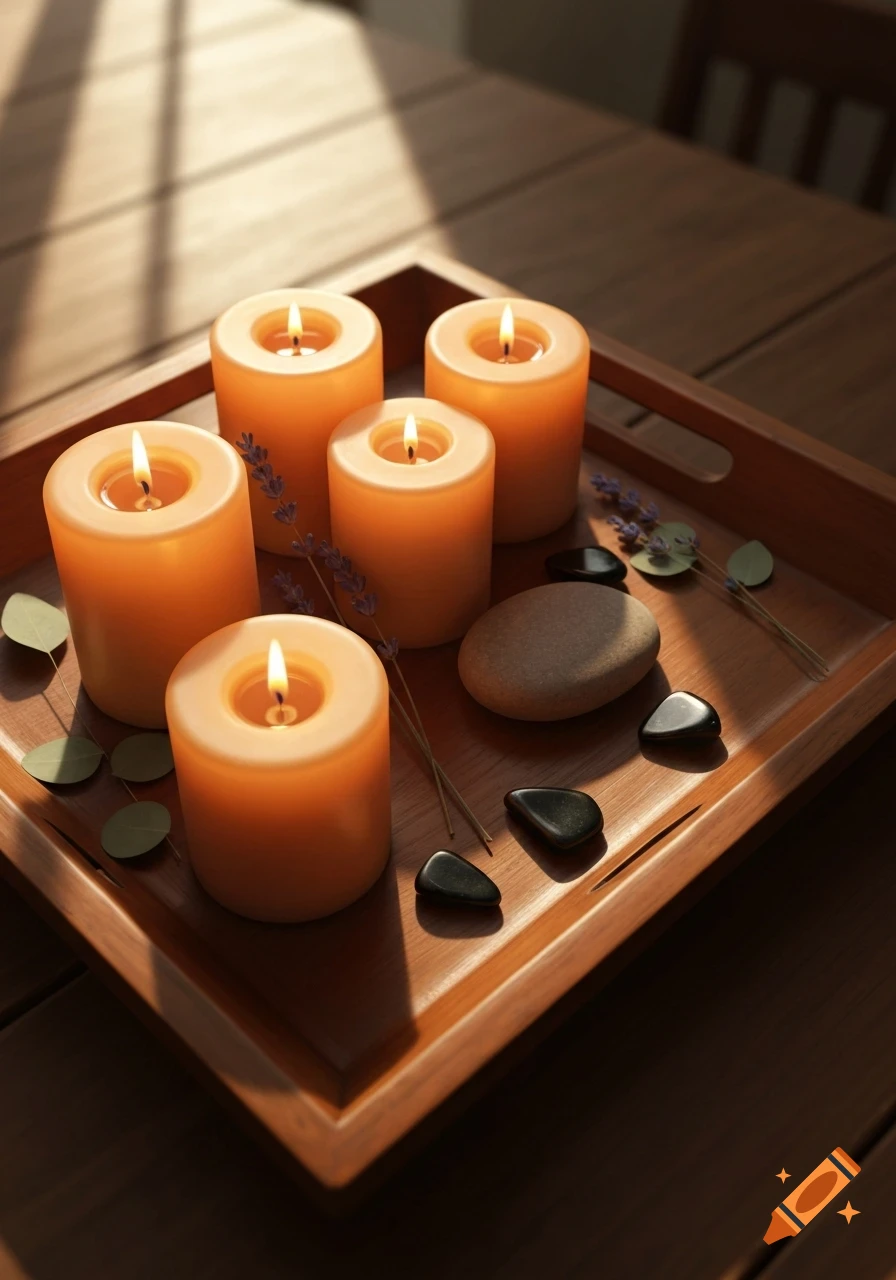 Five lit orange candles, smooth stones, and lavender sprigs are arranged on a wooden tray, illuminated by sunlight.