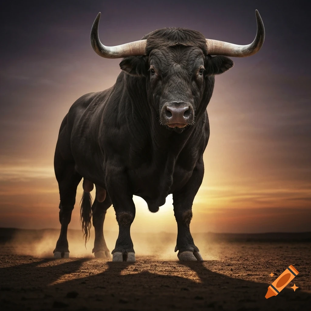 A powerful black bull with large horns stands on dusty ground against a dramatic sunset sky, looking intently at the viewer.