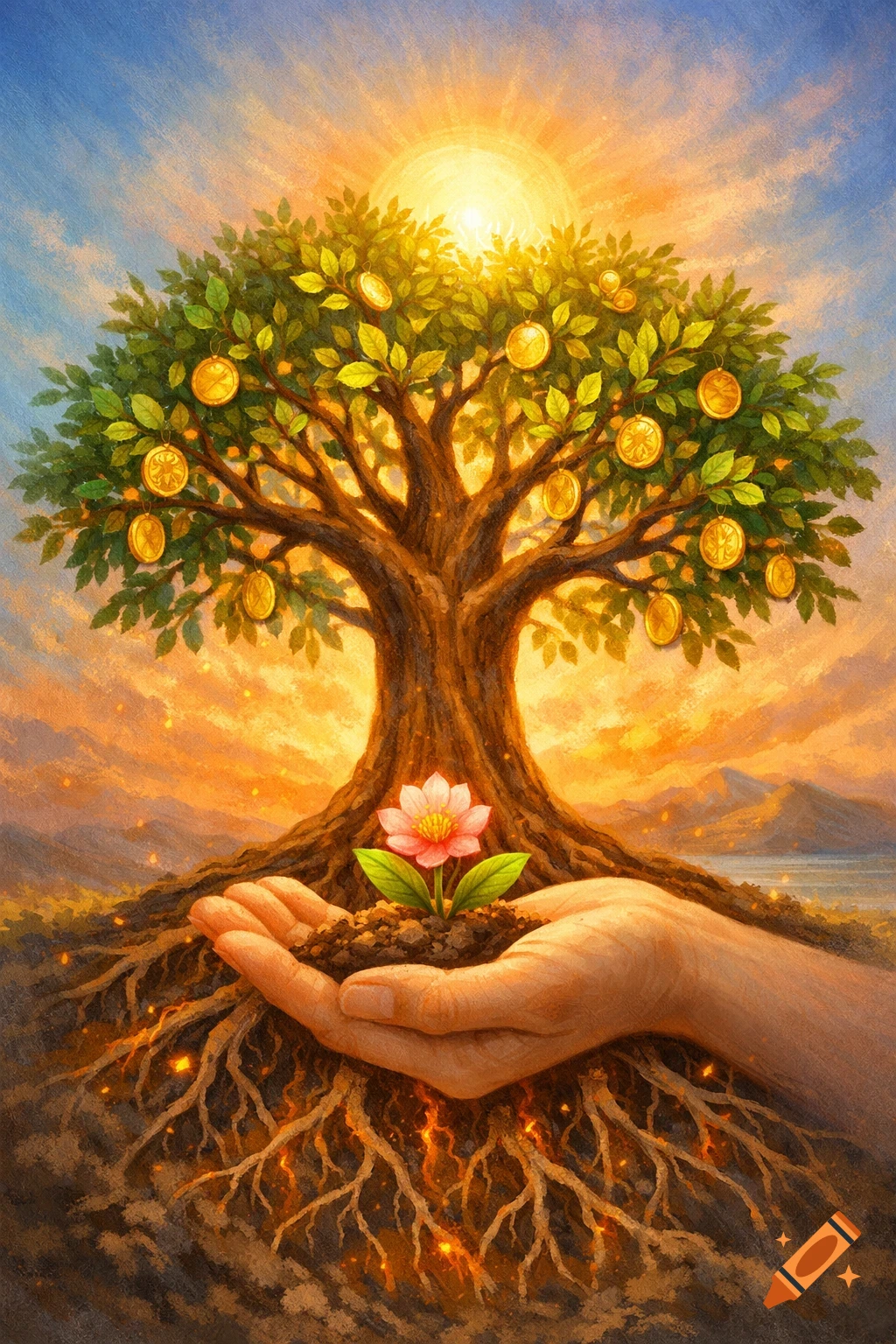 Vibrant painting of a large tree with gold coins, roots glowing, a hand holding a pink flower, under a sunny sky.