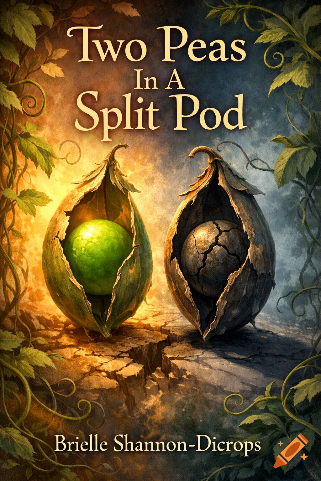 Illustrated book cover for 'Two Peas In A Split Pod' by Brielle Shannon-Dicrops, showing a green pea and a cracked sphere in split pods.