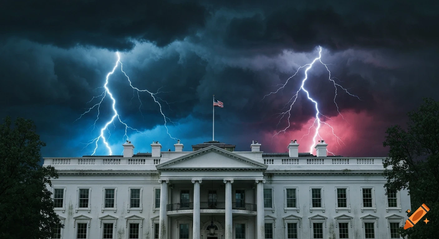 White House exterior under a dramatic dark storm sky with blue and red lightning bolts.