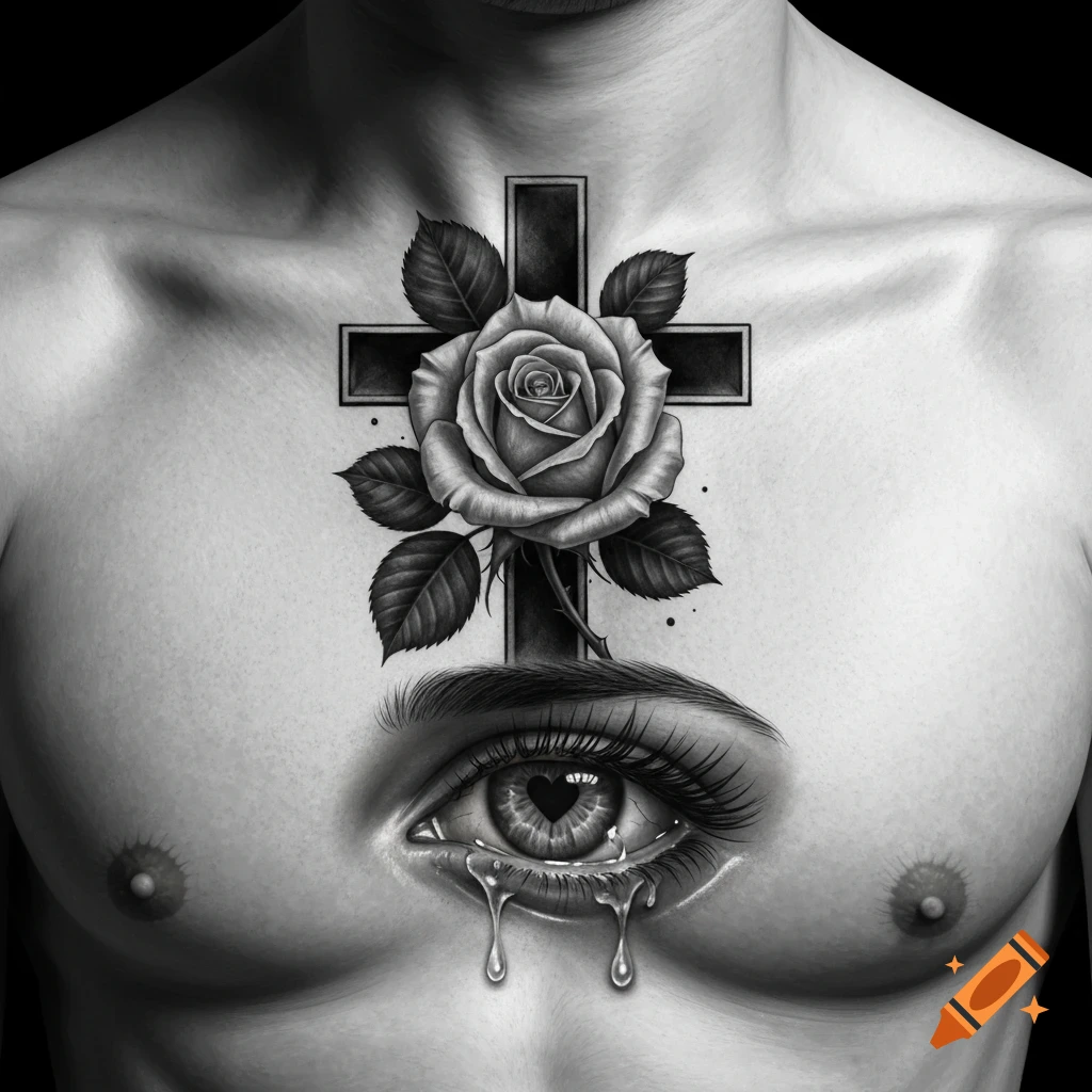 Realistic black and white tattoo on a male chest featuring a cross, a rose, and a crying eye with a heart iris.