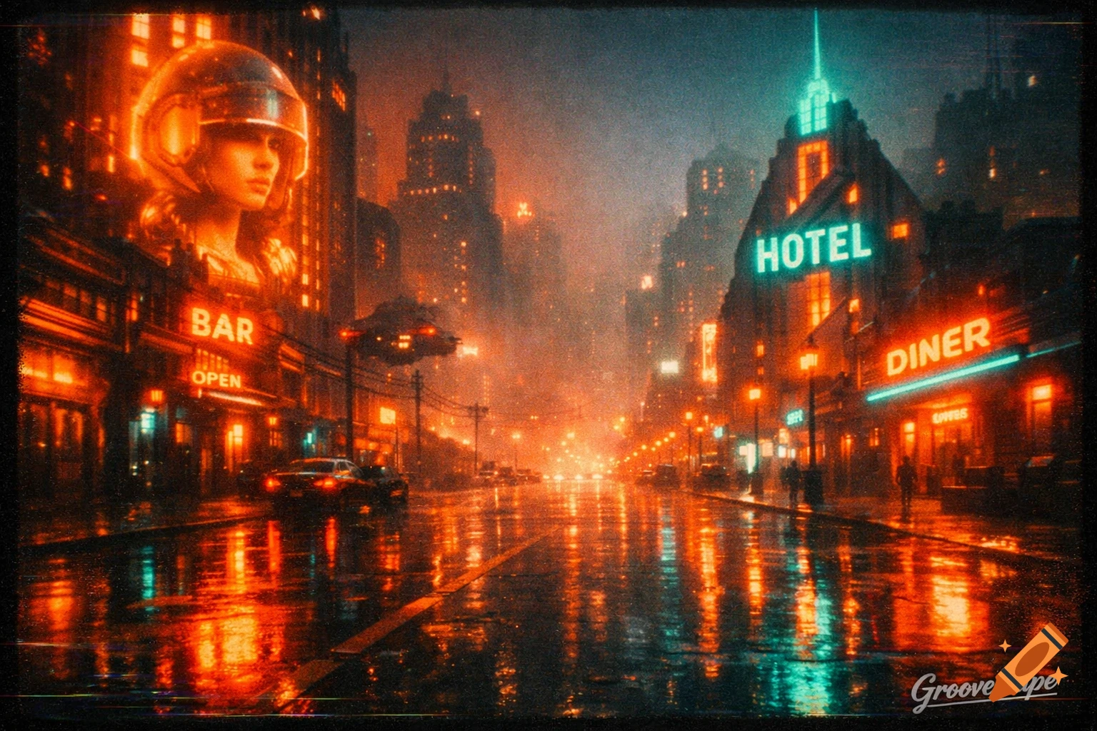 A cyberpunk city street at night, vibrant with orange and teal neon reflections on wet pavement, featuring a large billboard of a woman in a helmet.