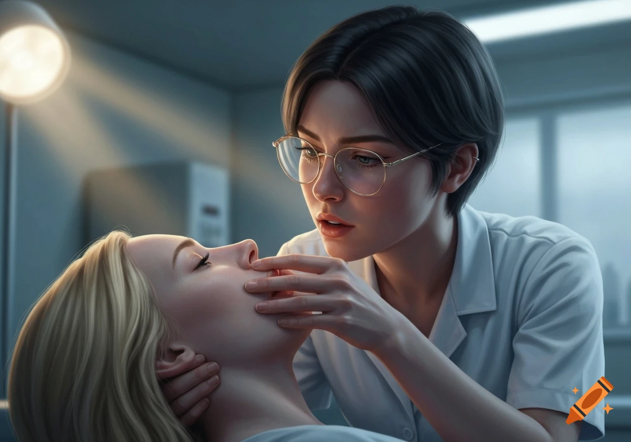 A woman in glasses and a white uniform leans over a blonde woman lying down, holding her face in a realistic scene.